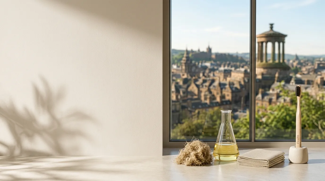 Raw hemp fibre, glassware and a toothbrush on a windowsill overlooking Edinburgh